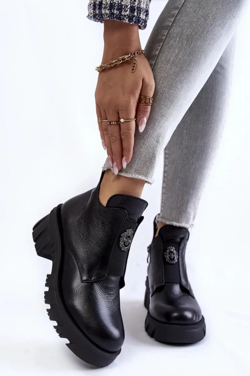 Clearance Damskie Skórzane Botki Z Ozdobą Czarne Maley Damskie Czarne Botki|Botki Zimowe Damskie