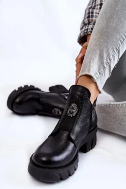 Clearance Damskie Skórzane Botki Z Ozdobą Czarne Maley Damskie Czarne Botki|Botki Zimowe Damskie