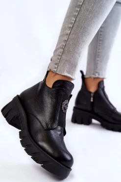 Clearance Damskie Skórzane Botki Z Ozdobą Czarne Maley Damskie Czarne Botki|Botki Zimowe Damskie