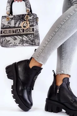 Clearance Damskie Skórzane Botki Z Ozdobą Czarne Maley Damskie Czarne Botki|Botki Zimowe Damskie