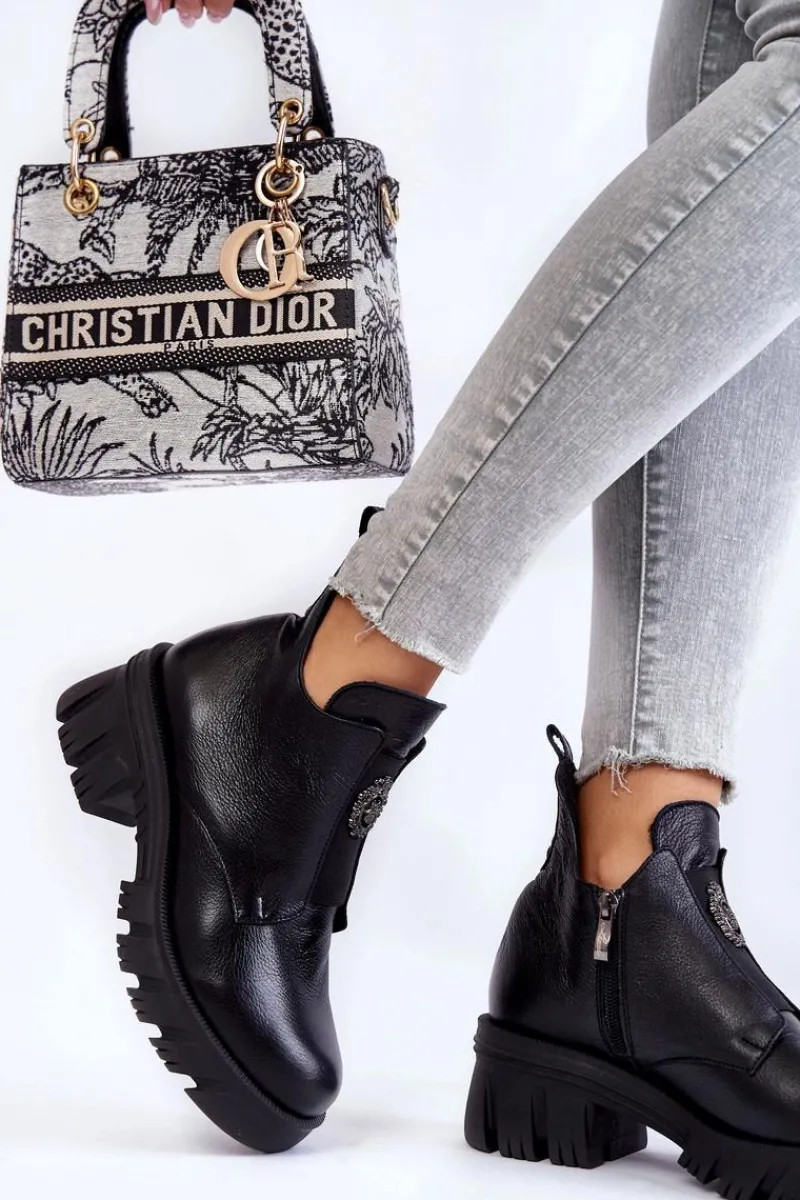 Clearance Damskie Skórzane Botki Z Ozdobą Czarne Maley Damskie Czarne Botki|Botki Zimowe Damskie