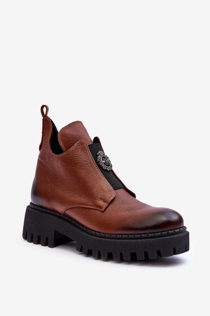 Best Boto Damskie Skórzane Botki Z Ozdobą Brązowe Lemar Lusanna