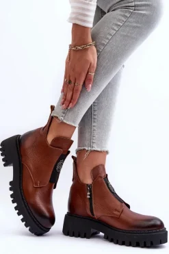 Best Boto Damskie Skórzane Botki Z Ozdobą Brązowe Lemar Lusanna