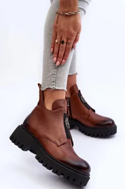 Best Boto Damskie Skórzane Botki Z Ozdobą Brązowe Lemar Lusanna