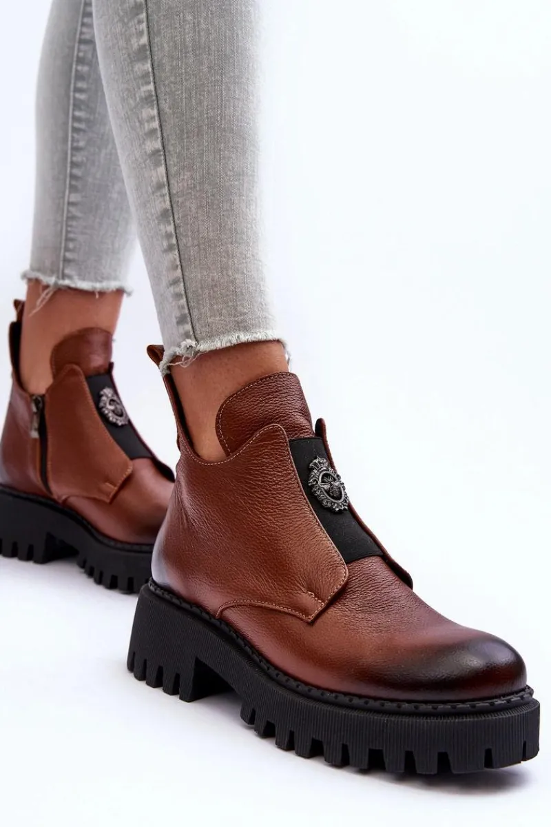 Best Boto Damskie Skórzane Botki Z Ozdobą Brązowe Lemar Lusanna