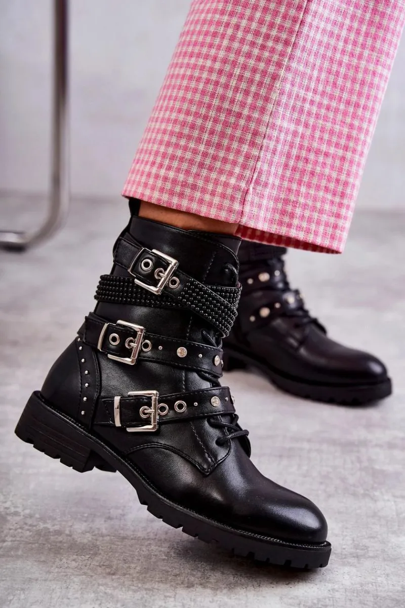 Hot Damskie Skórzane Botki Z Ozdobnymi Paskami Czarne Russo Damskie Botki Sznurowane|Czarne Botki