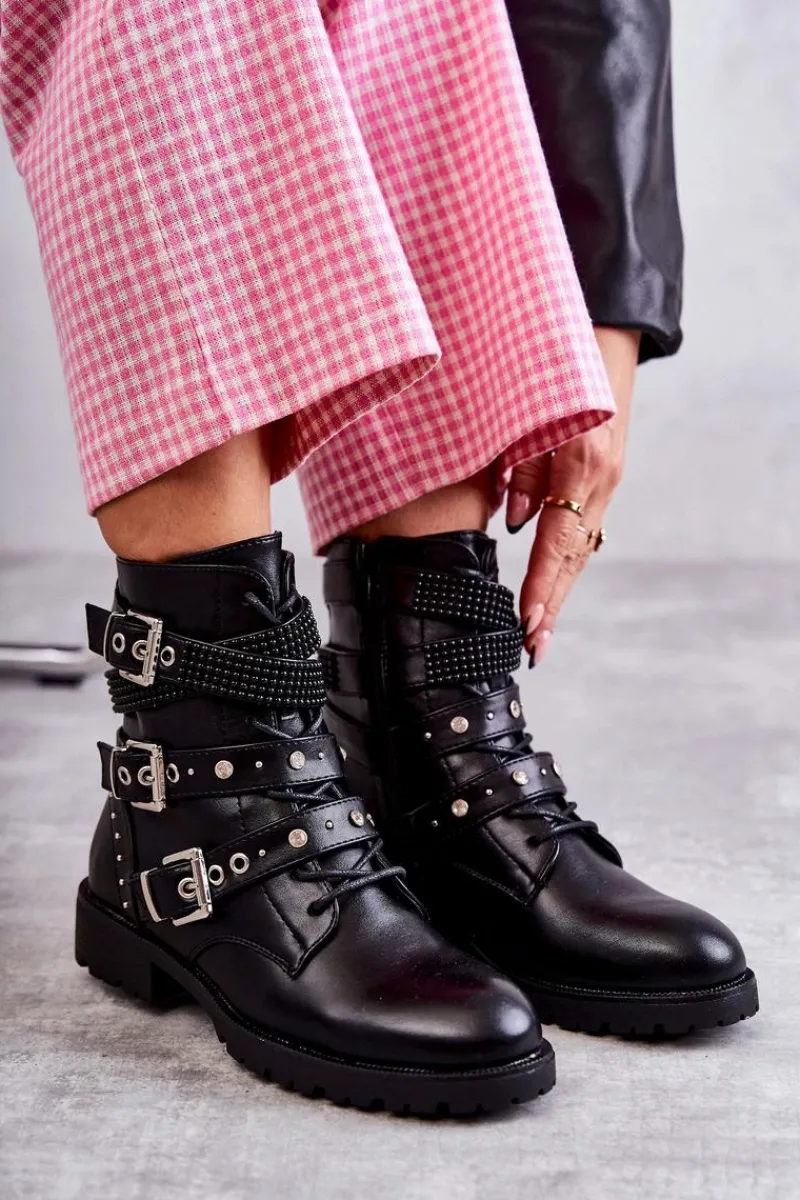 Hot Damskie Skórzane Botki Z Ozdobnymi Paskami Czarne Russo Damskie Botki Sznurowane|Czarne Botki