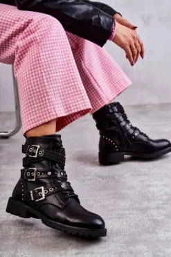 Hot Damskie Skórzane Botki Z Ozdobnymi Paskami Czarne Russo Damskie Botki Sznurowane|Czarne Botki