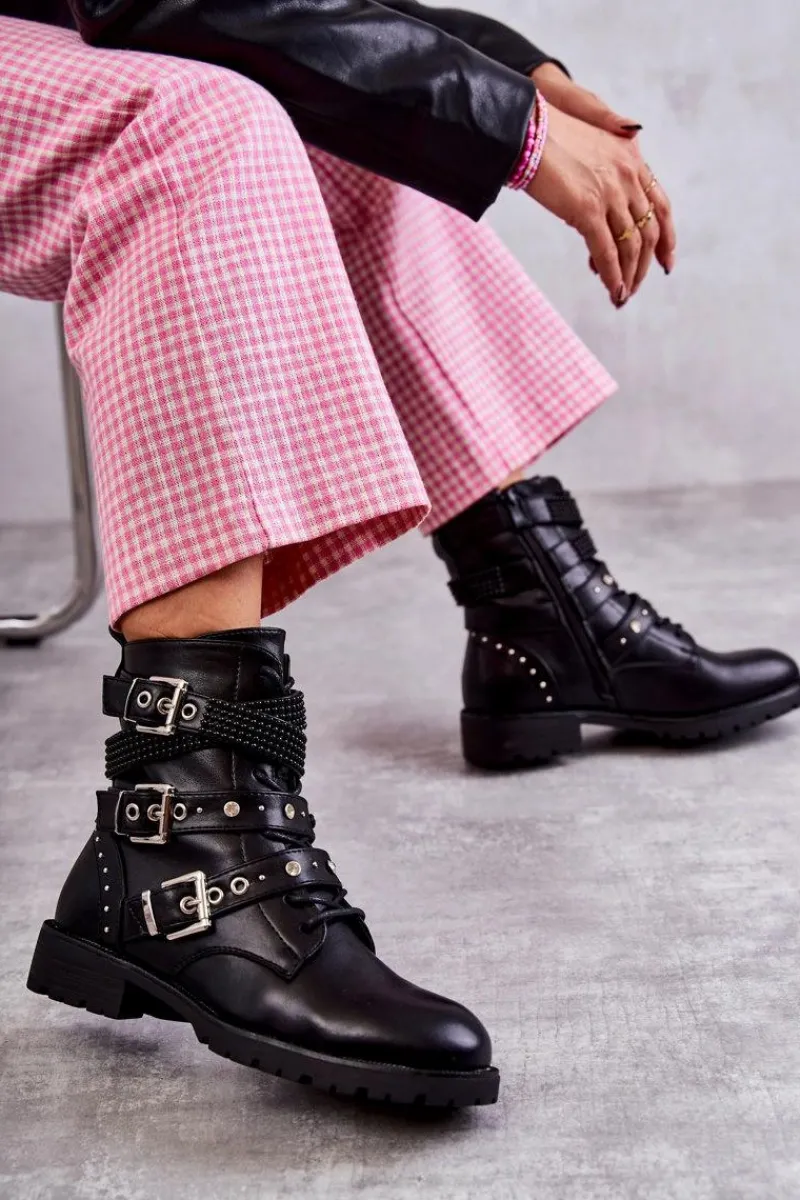 Hot Damskie Skórzane Botki Z Ozdobnymi Paskami Czarne Russo Damskie Botki Sznurowane|Czarne Botki