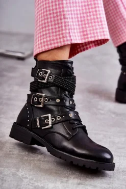 Hot Damskie Skórzane Botki Z Ozdobnymi Paskami Czarne Russo Damskie Botki Sznurowane|Czarne Botki