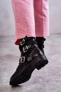 Hot Damskie Skórzane Botki Z Ozdobnymi Paskami Czarne Russo Damskie Botki Sznurowane|Czarne Botki