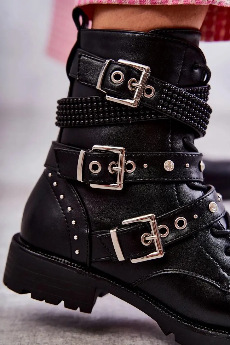 Hot Damskie Skórzane Botki Z Ozdobnymi Paskami Czarne Russo Damskie Botki Sznurowane|Czarne Botki