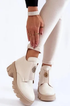 Damskie Skórzane Botki Z Ozdobą Jasnobeżowe Lemar Maley Damskie Botki Zimowe Damskie|Brązowe I Beżowe Botki