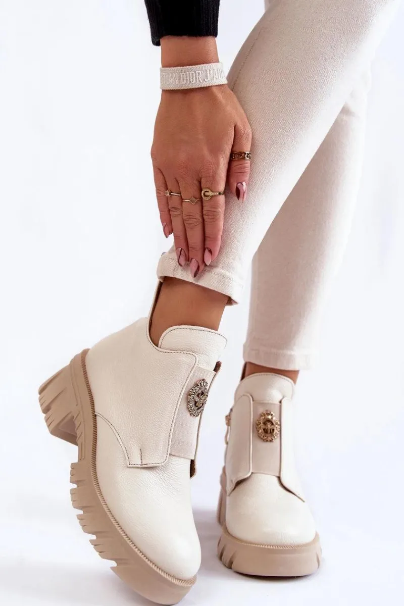 Damskie Skórzane Botki Z Ozdobą Jasnobeżowe Lemar Maley Damskie Botki Zimowe Damskie|Brązowe I Beżowe Botki