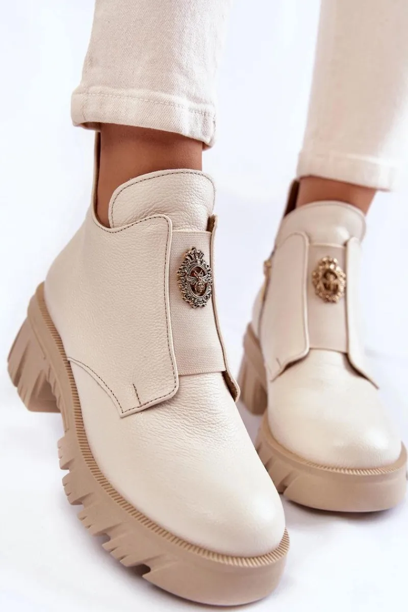 Damskie Skórzane Botki Z Ozdobą Jasnobeżowe Lemar Maley Damskie Botki Zimowe Damskie|Brązowe I Beżowe Botki