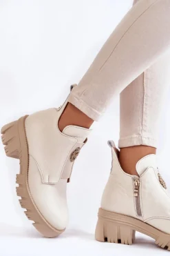 Damskie Skórzane Botki Z Ozdobą Jasnobeżowe Lemar Maley Damskie Botki Zimowe Damskie|Brązowe I Beżowe Botki