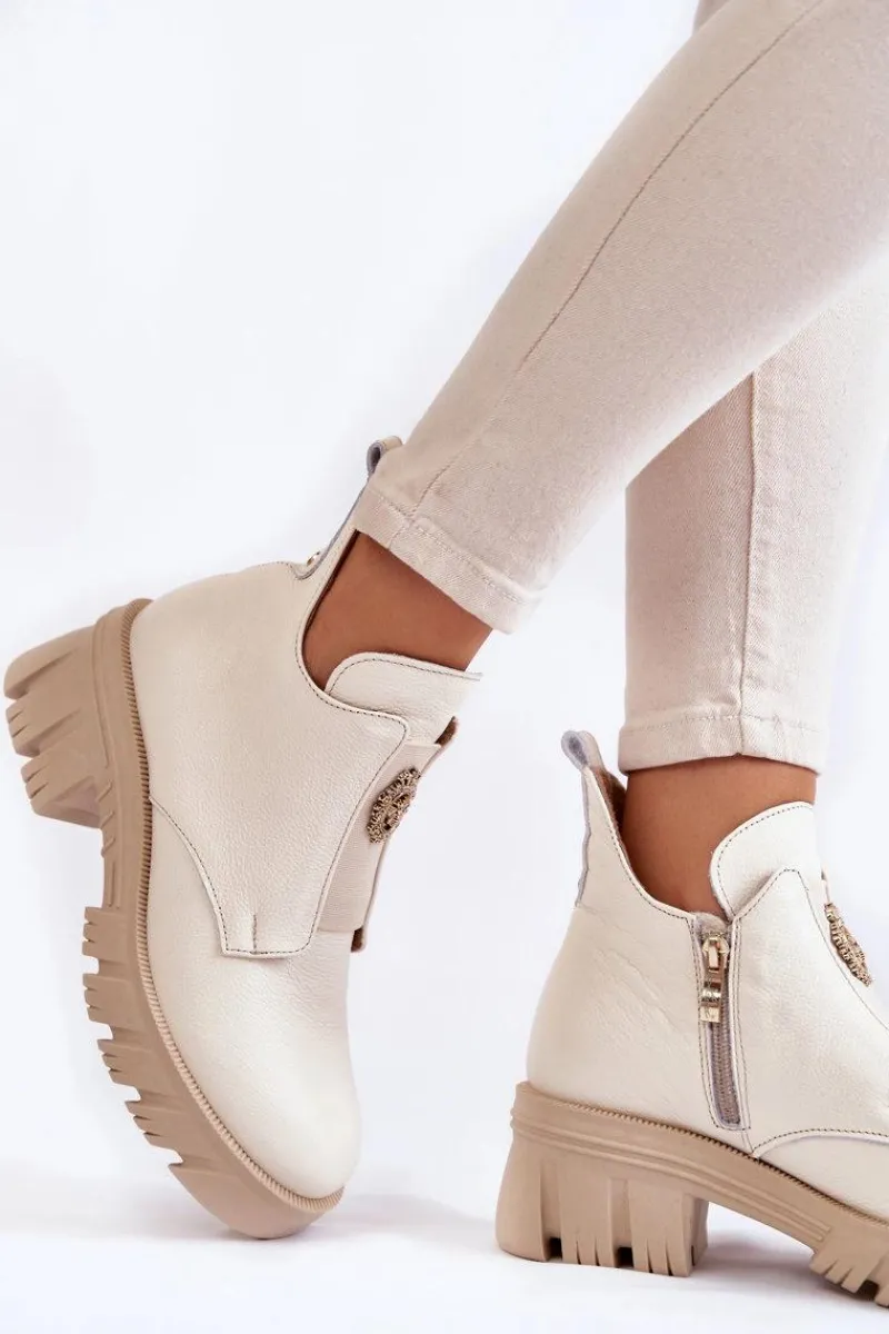 Damskie Skórzane Botki Z Ozdobą Jasnobeżowe Lemar Maley Damskie Botki Zimowe Damskie|Brązowe I Beżowe Botki