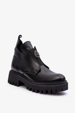 Czarne Botki|Botki Zimowe Damskie>Boto Damskie Skórzane Botki Z Ozdobą Czarne Lemar Lusanna