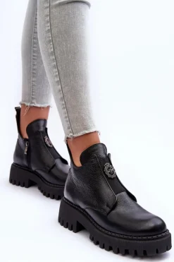 Czarne Botki|Botki Zimowe Damskie>Boto Damskie Skórzane Botki Z Ozdobą Czarne Lemar Lusanna