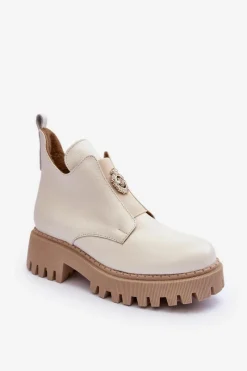 Hot Boto Damskie Skórzane Botki Z Ozdobą Jasnobeżowe Lemar Lusanna