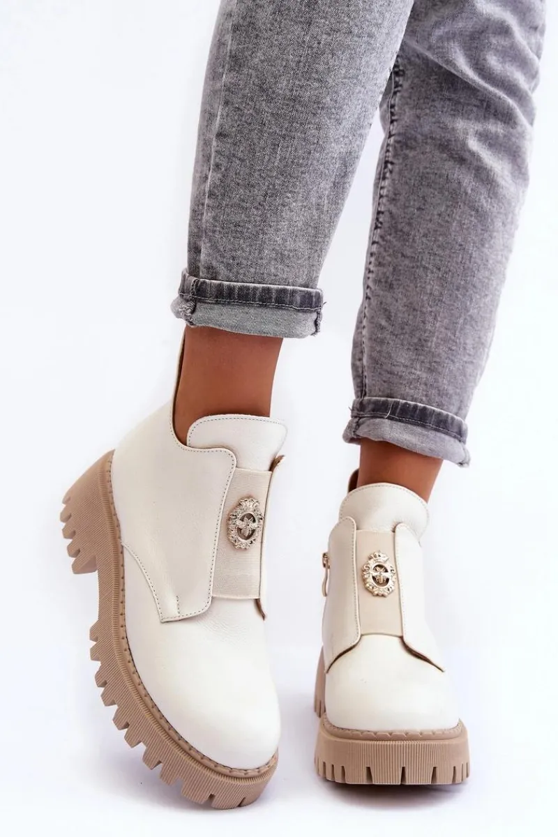 Hot Boto Damskie Skórzane Botki Z Ozdobą Jasnobeżowe Lemar Lusanna