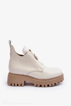 Hot Boto Damskie Skórzane Botki Z Ozdobą Jasnobeżowe Lemar Lusanna