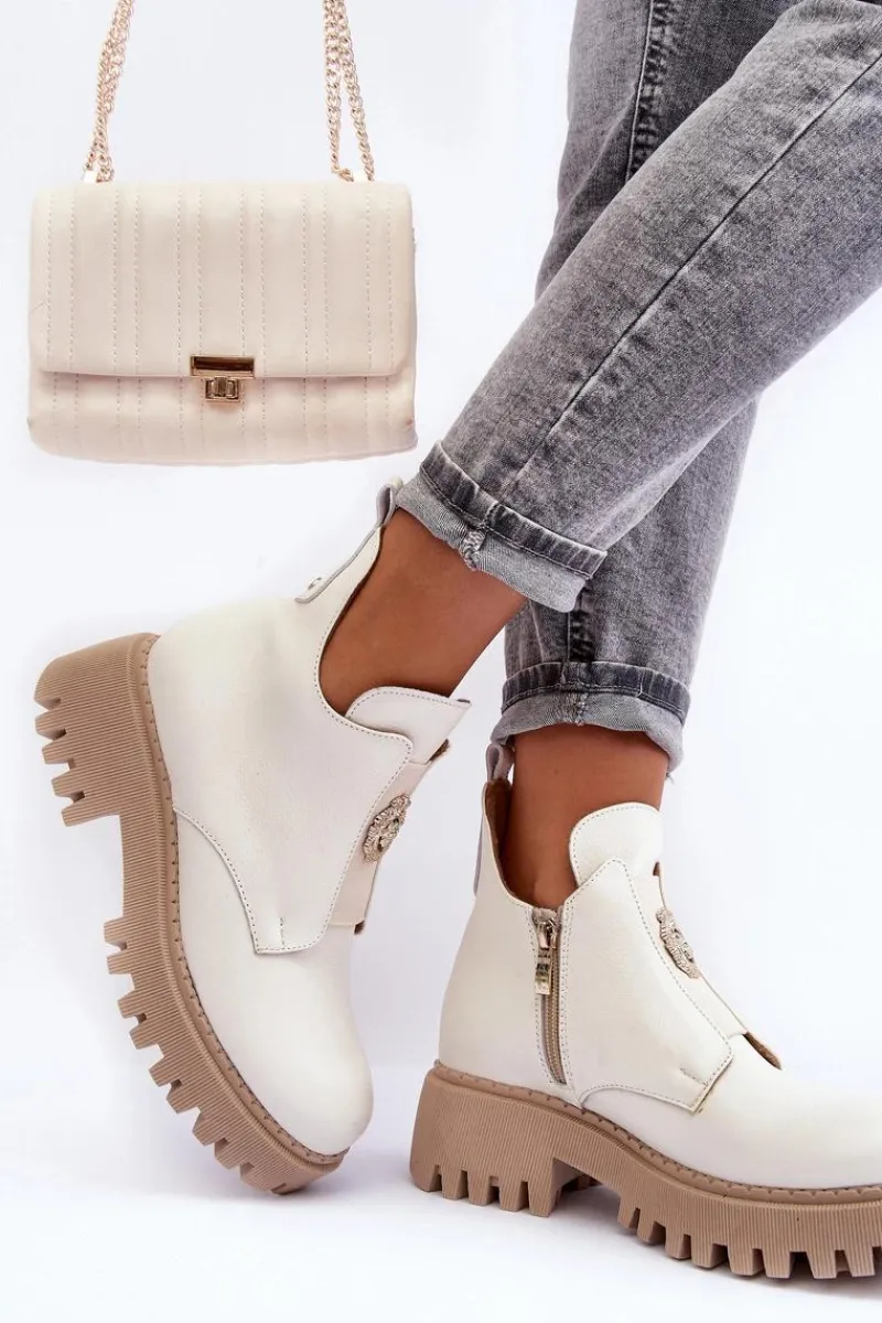 Hot Boto Damskie Skórzane Botki Z Ozdobą Jasnobeżowe Lemar Lusanna