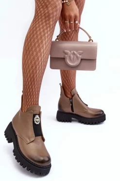 New Boto Damskie Skórzane Botki Z Ozdobą Beżowe Lemar Lusanna