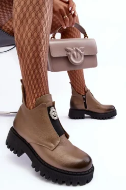 New Boto Damskie Skórzane Botki Z Ozdobą Beżowe Lemar Lusanna