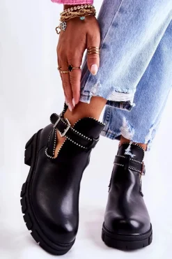 Discount Boto Damskie Skórzane Botki Z Ćwiekami Czarne Clares