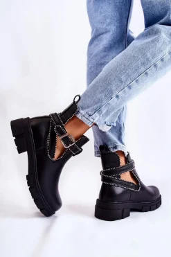 Discount Boto Damskie Skórzane Botki Z Ćwiekami Czarne Clares