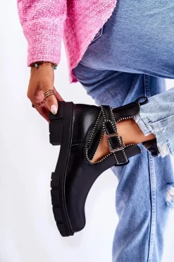 Discount Boto Damskie Skórzane Botki Z Ćwiekami Czarne Clares