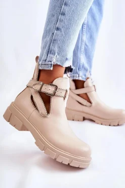 Clearance Damskie Skórzane Botki Z Ćwiekami Beżowe Clares Damskie Brązowe I Beżowe Botki|Botki Płaskie