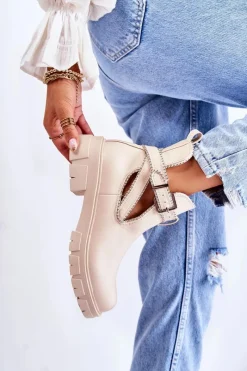 Clearance Damskie Skórzane Botki Z Ćwiekami Beżowe Clares Damskie Brązowe I Beżowe Botki|Botki Płaskie