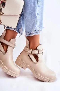 Clearance Damskie Skórzane Botki Z Ćwiekami Beżowe Clares Damskie Brązowe I Beżowe Botki|Botki Płaskie