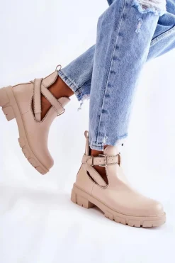 Clearance Damskie Skórzane Botki Z Ćwiekami Beżowe Clares Damskie Brązowe I Beżowe Botki|Botki Płaskie