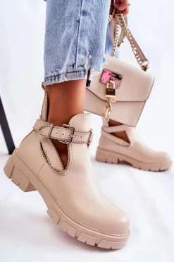 Clearance Damskie Skórzane Botki Z Ćwiekami Beżowe Clares Damskie Brązowe I Beżowe Botki|Botki Płaskie