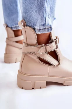 Clearance Damskie Skórzane Botki Z Ćwiekami Beżowe Clares Damskie Brązowe I Beżowe Botki|Botki Płaskie