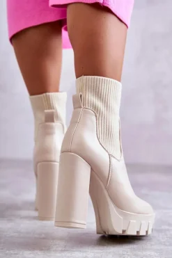 Hot Damskie Skórzane Botki Ze Skarpetą Beżowe Adalyn Damskie Botki Na Słupku|Brązowe I Beżowe Botki