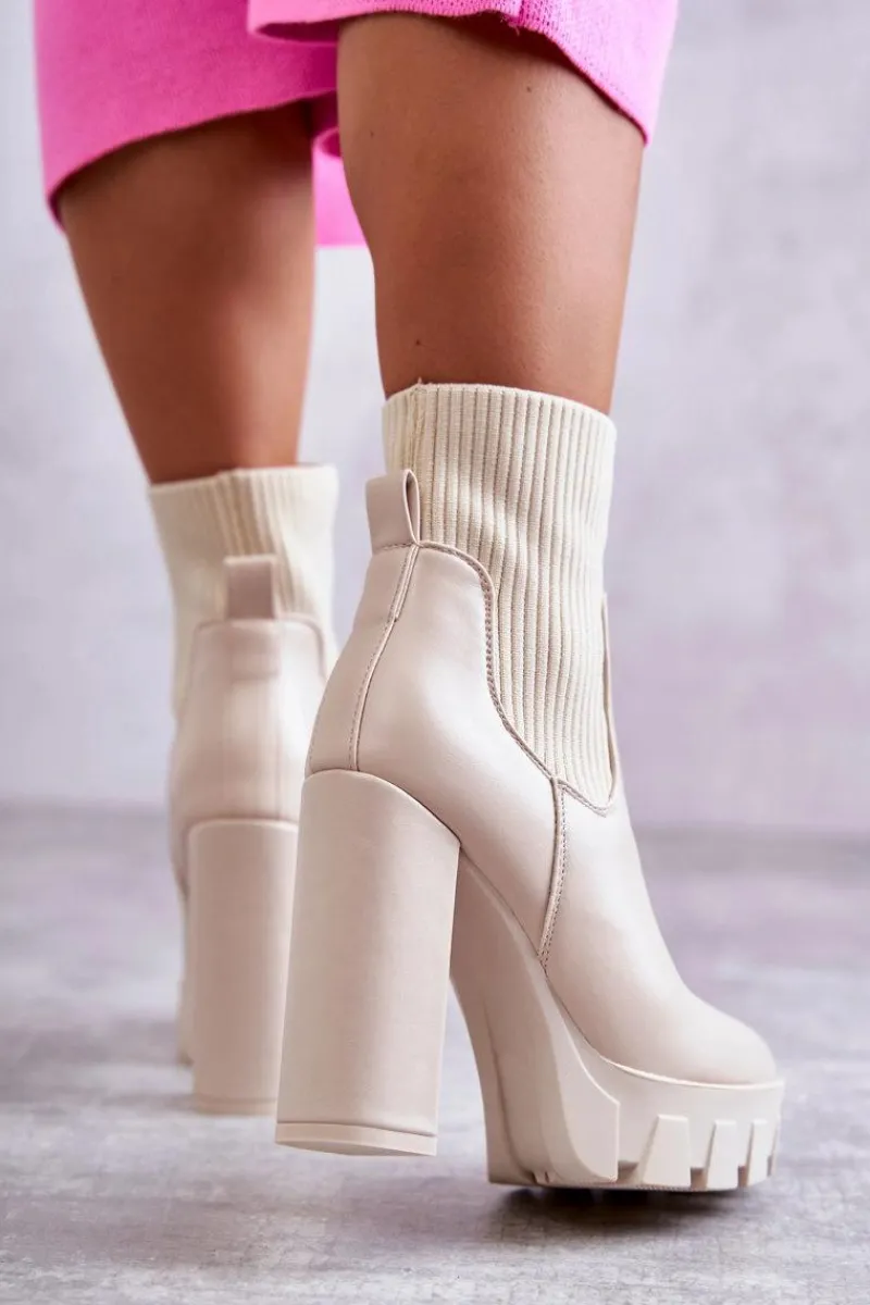 Hot Damskie Skórzane Botki Ze Skarpetą Beżowe Adalyn Damskie Botki Na Słupku|Brązowe I Beżowe Botki