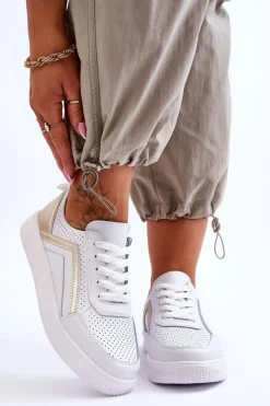 Best Damskie Skórzane Buty Sportowe Z Perforacją Biało-Złote Carvalo Damskie Sneakersy Damskie