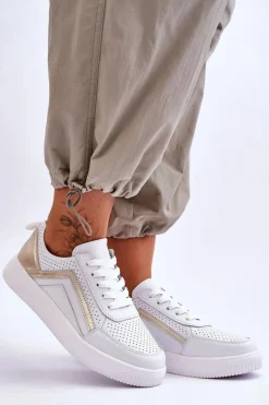 Best Damskie Skórzane Buty Sportowe Z Perforacją Biało-Złote Carvalo Damskie Sneakersy Damskie
