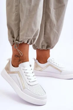 Best Damskie Skórzane Buty Sportowe Z Perforacją Biało-Złote Carvalo Damskie Sneakersy Damskie
