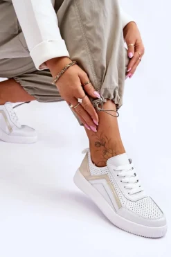 Best Damskie Skórzane Buty Sportowe Z Perforacją Biało-Złote Carvalo Damskie Sneakersy Damskie