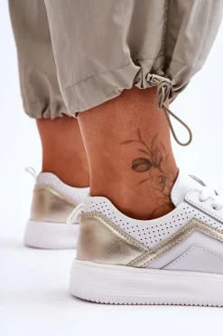 Best Damskie Skórzane Buty Sportowe Z Perforacją Biało-Złote Carvalo Damskie Sneakersy Damskie