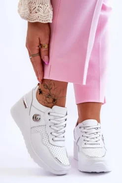 Sneakersy Damskie>Damskie buty S.Barski Damskie Skórzane Buty Sportowe Na Koturnie Biało-Srebrne Rebeca