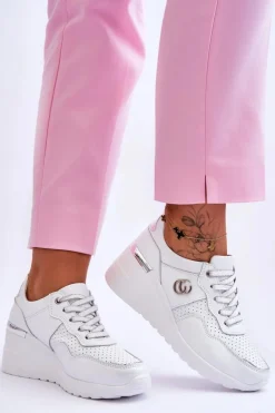 Sneakersy Damskie>Damskie buty S.Barski Damskie Skórzane Buty Sportowe Na Koturnie Biało-Srebrne Rebeca