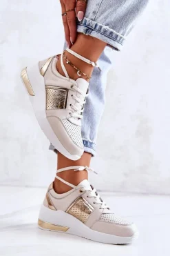 Sneakersy Damskie>Damskie buty S.Barski Damskie Skórzane Buty Sportowe Na Koturnie Beżowo-Białe Larson