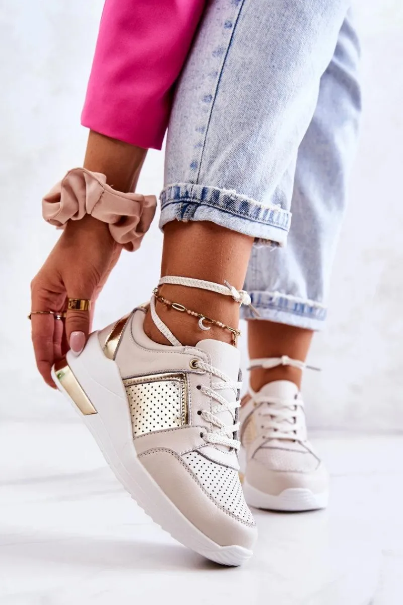 Sneakersy Damskie>Damskie buty S.Barski Damskie Skórzane Buty Sportowe Na Koturnie Beżowo-Białe Larson