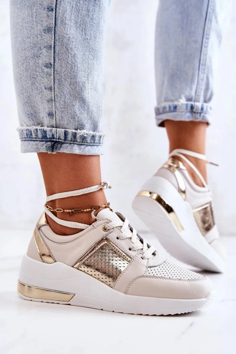 Sneakersy Damskie>Damskie buty S.Barski Damskie Skórzane Buty Sportowe Na Koturnie Beżowo-Białe Larson